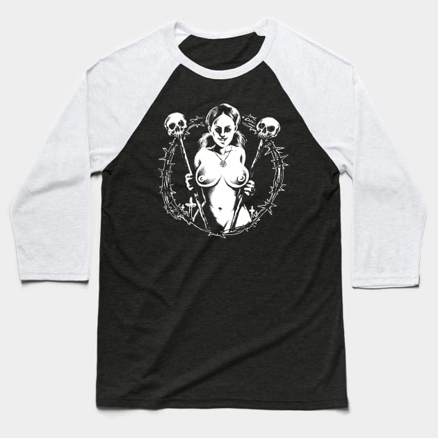 Satanic Babe Baseball T-Shirt by wildsidecomix